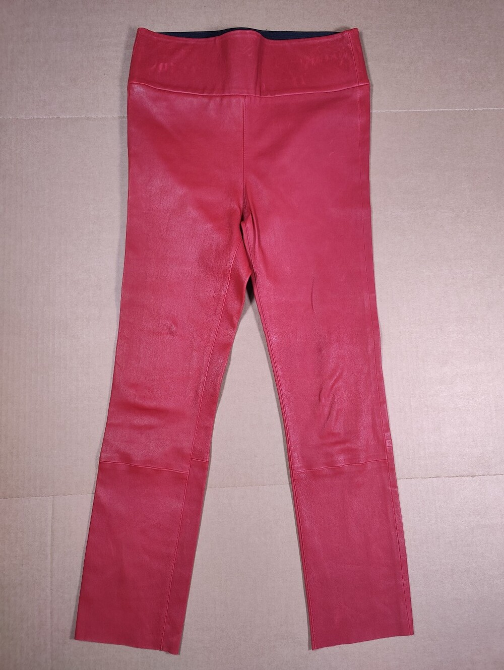 SPRWMN Women's Red Leather High Waist Ankle Leggings Pants Size L Made In USA